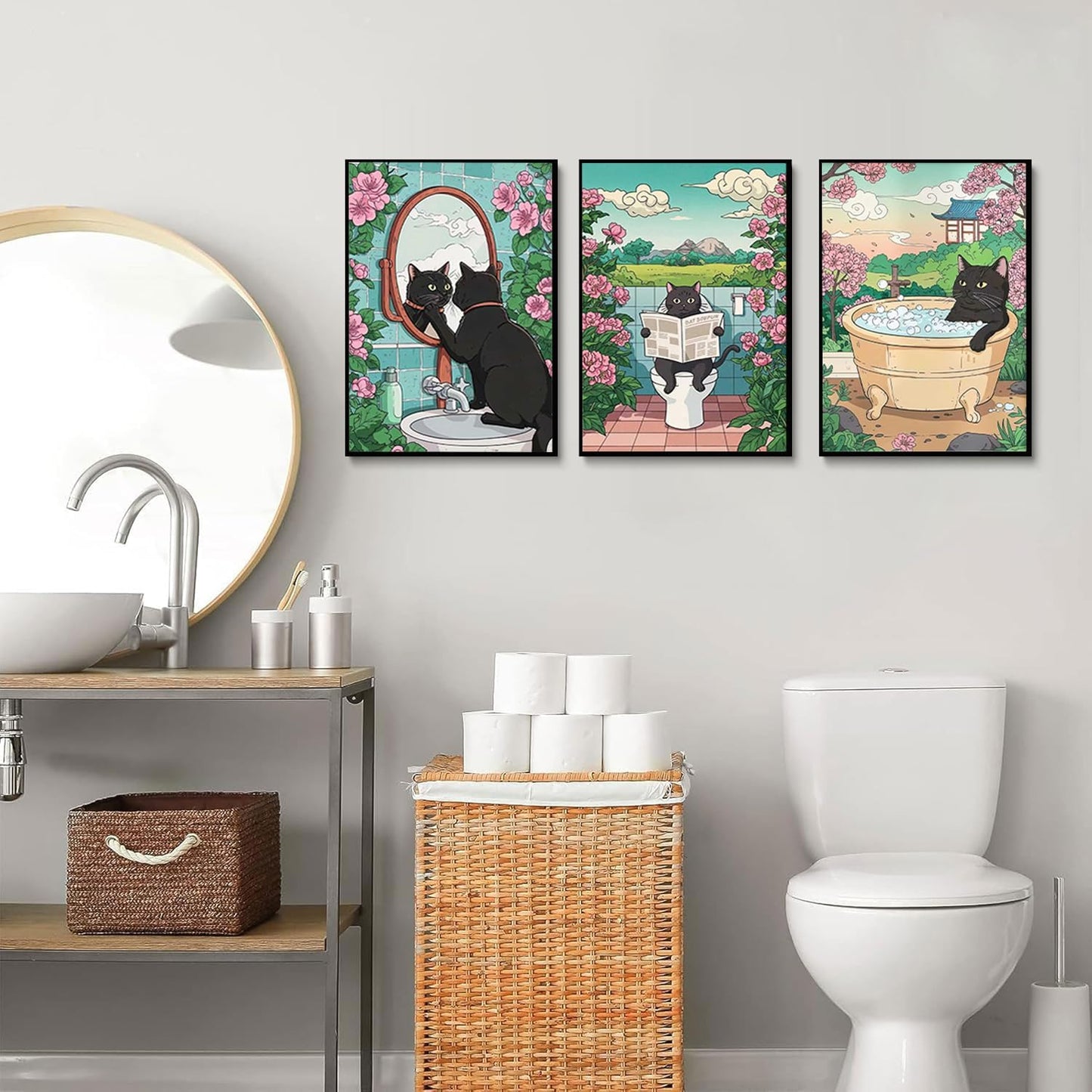 3pcs Funny Bathroom Black Cat Canvas Wall Art Cute Kitten On Toilet Posters Prints Vintage Japanese Cat In A Bathtub And Flowers Pictures Wall Decor for Washroom Bathroom Decoration Unframed