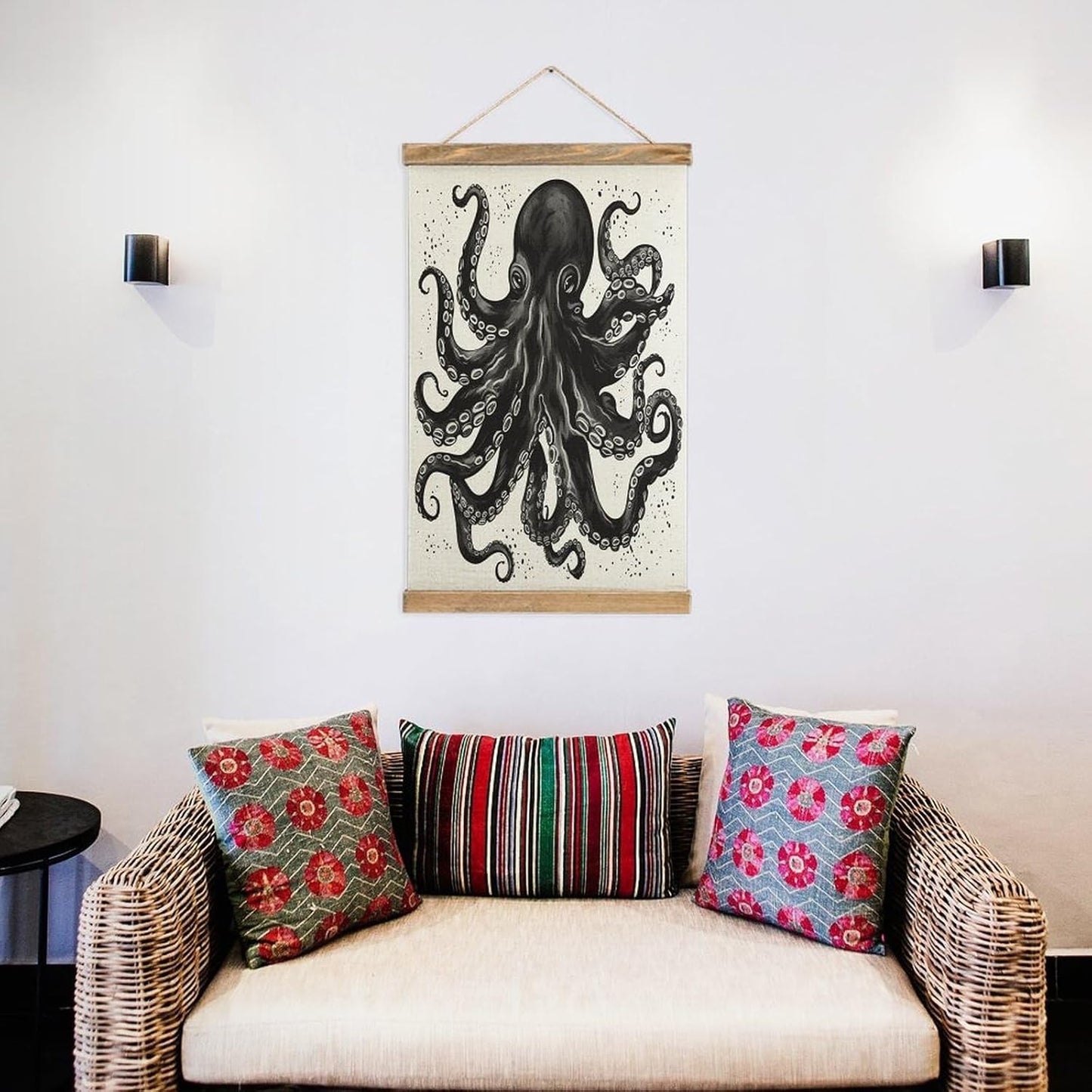 Vintage Classic Black Octopus Poster with Wooden Frame Personalized Linen Hanging Scroll Painting Rustic Wall Hanging Illustrative Modern Artwork Decor for Home Living Room Bedroom Office