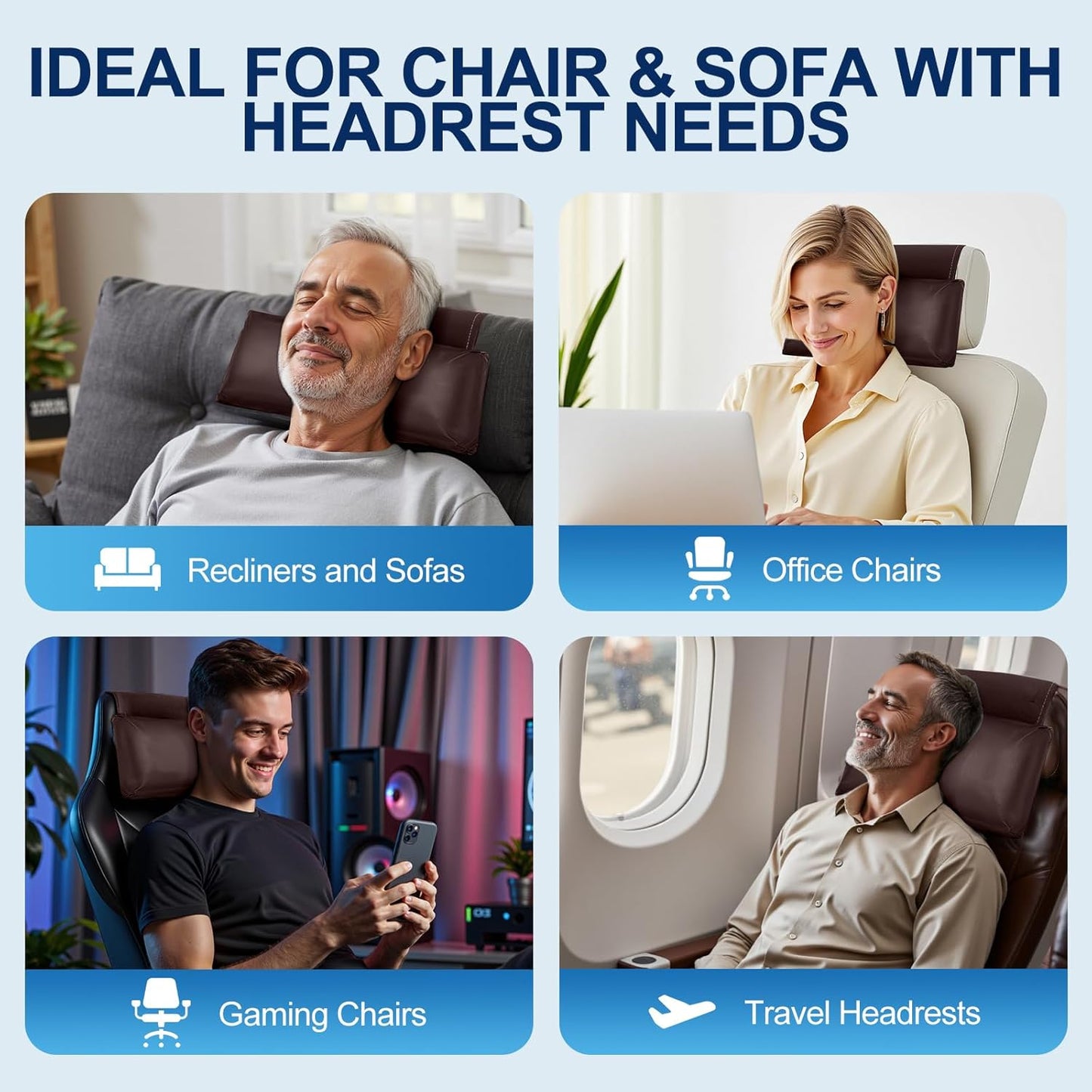 Leather Recliner Pillow, Adjustable Neck & Head Support Pillow, Pu Leather Non-Slip Headrest for Recliner Chair, Couch, Office Chair, Sofa