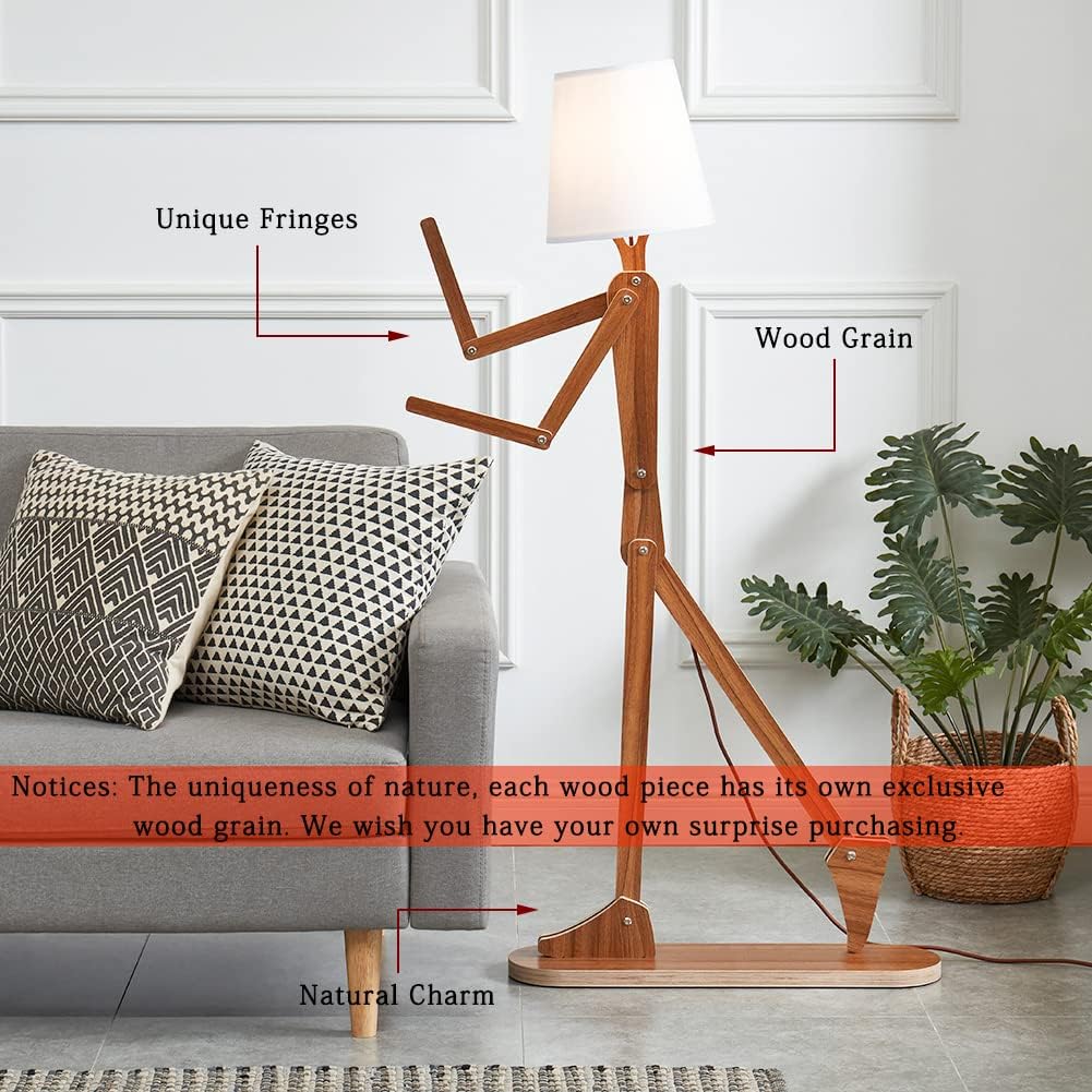 Cute Cool Floor Lamp for Living Room Bedroom Office Farmhouse - Corner Decorative Standing Reading Light Wood Swing Arm Design Gift for Kids/Boys/Girls Room, Dorm - Bulb Included (Walnut-M)