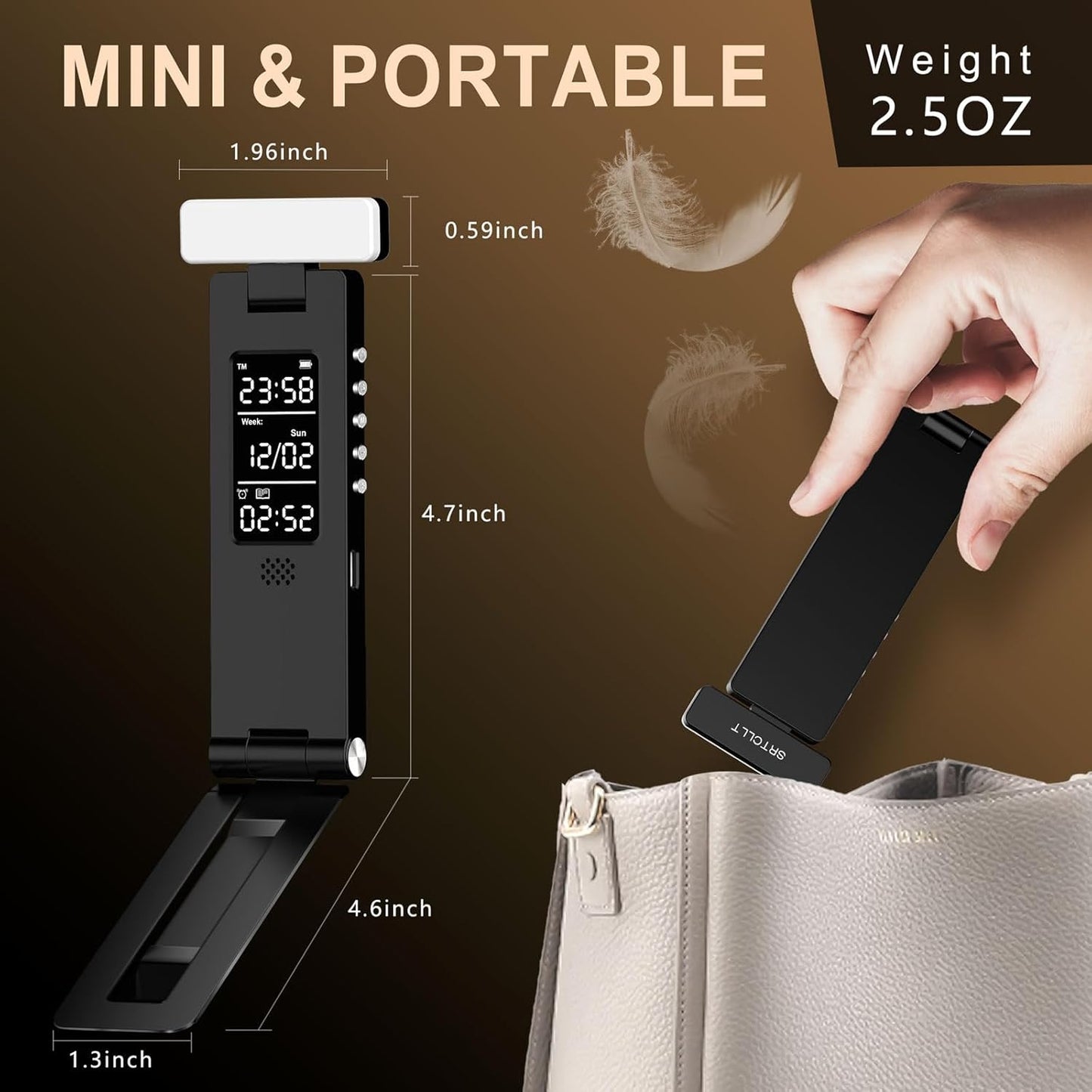 Book Lights, Rechargeable Reading Light in Bed, Smart Adjustable Reading Lights, Portable Bookmark Night Lamp, Built-in Battery & LCD Display, with Timer, Clock, Alarm, Date