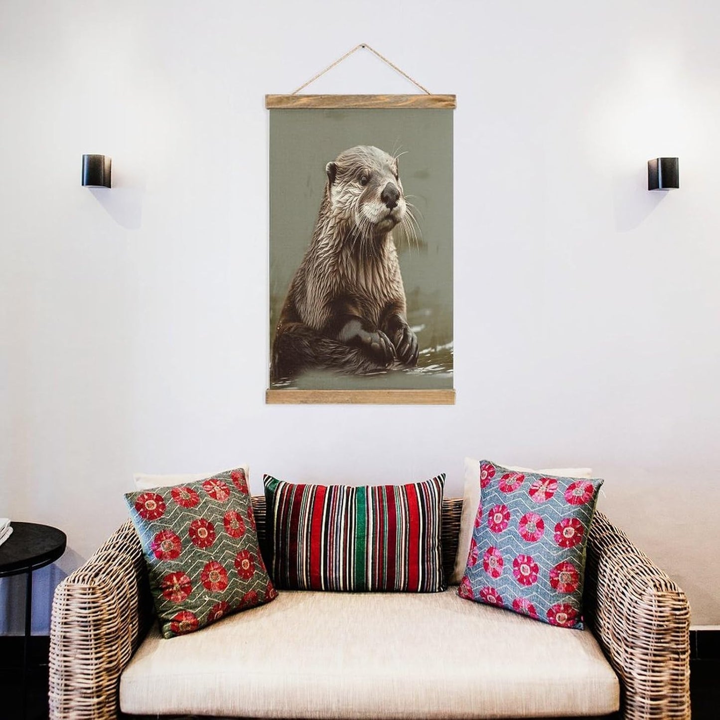 Vintage Otter Animal Poster with Wooden Frame Personalized Linen Hanging Scroll Painting Rustic Wall Hanging Illustrative Modern Artwork Decor for Home Living Room Bedroom Office