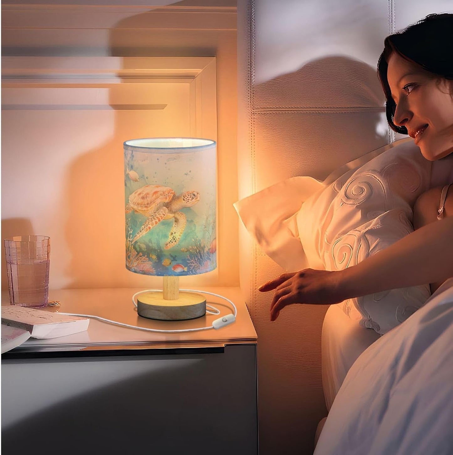 Sea Turtle in Ocean Marine Life Table Lamp for Bedroom USB Port Lamps Small Accent Table Lamp Nightstand Lamp Study Linen Shade with Wooden Base, Decorative Lamps for Bedside Reading|Kids|Dorm|Home