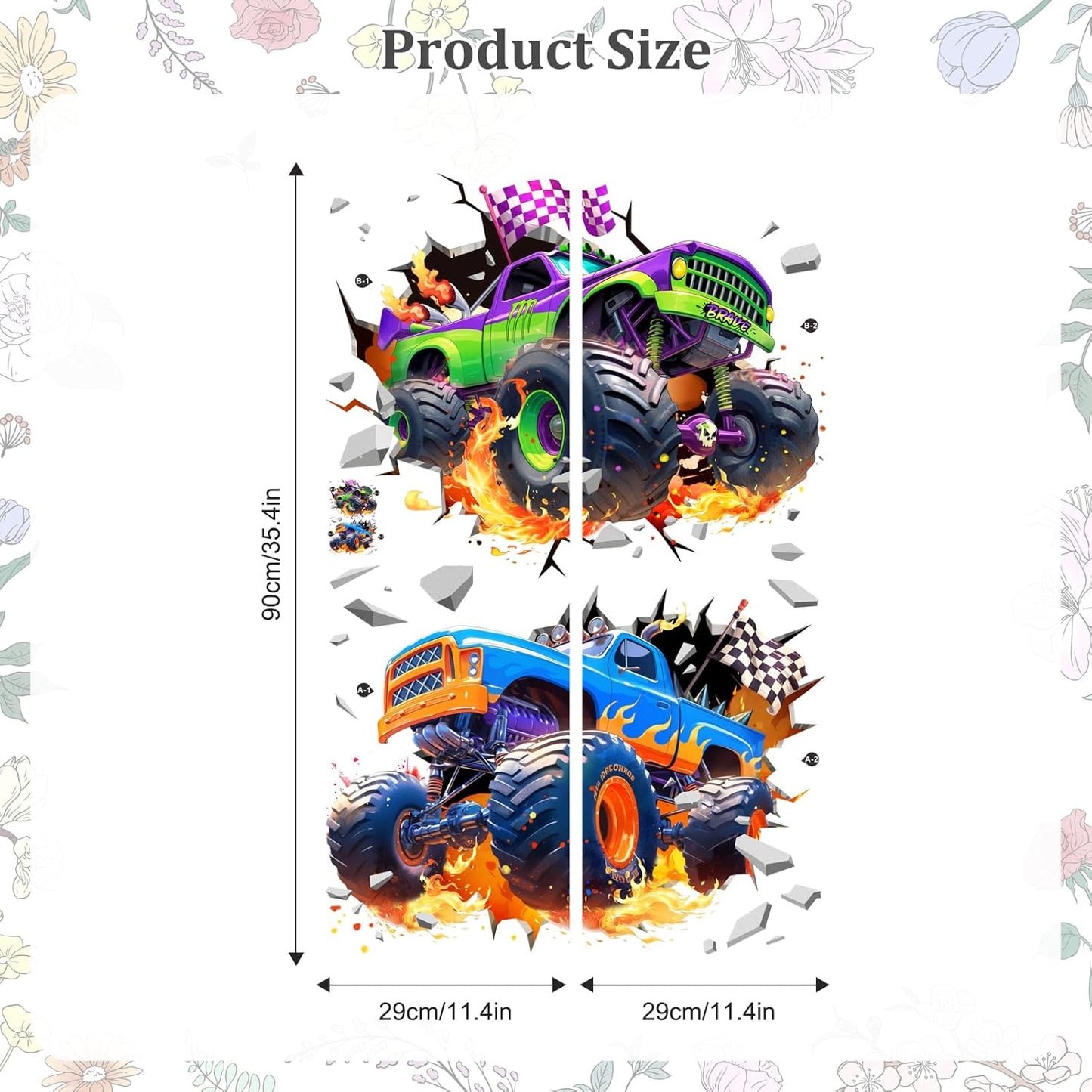 3D Racing Car Wall Decals, Truck Vehicles Wall Stickers Ball Games Peel and Stick Decal Self Adhesive Sticker for Boys Kids Room Home Decor