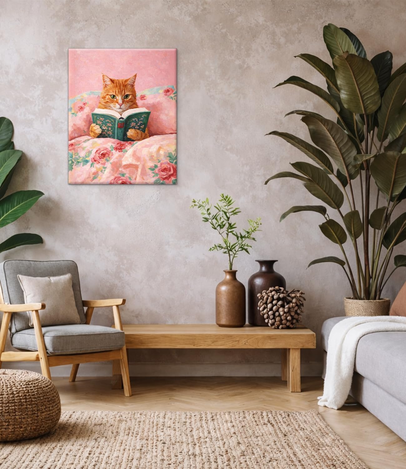 Vintage Cute Cat Pink Wall Art Print - Cat Reading Book Canvas Poster Painting - Pink Girly Wall Decor for Home Bedroom Dorm 8x10 Inch Framed