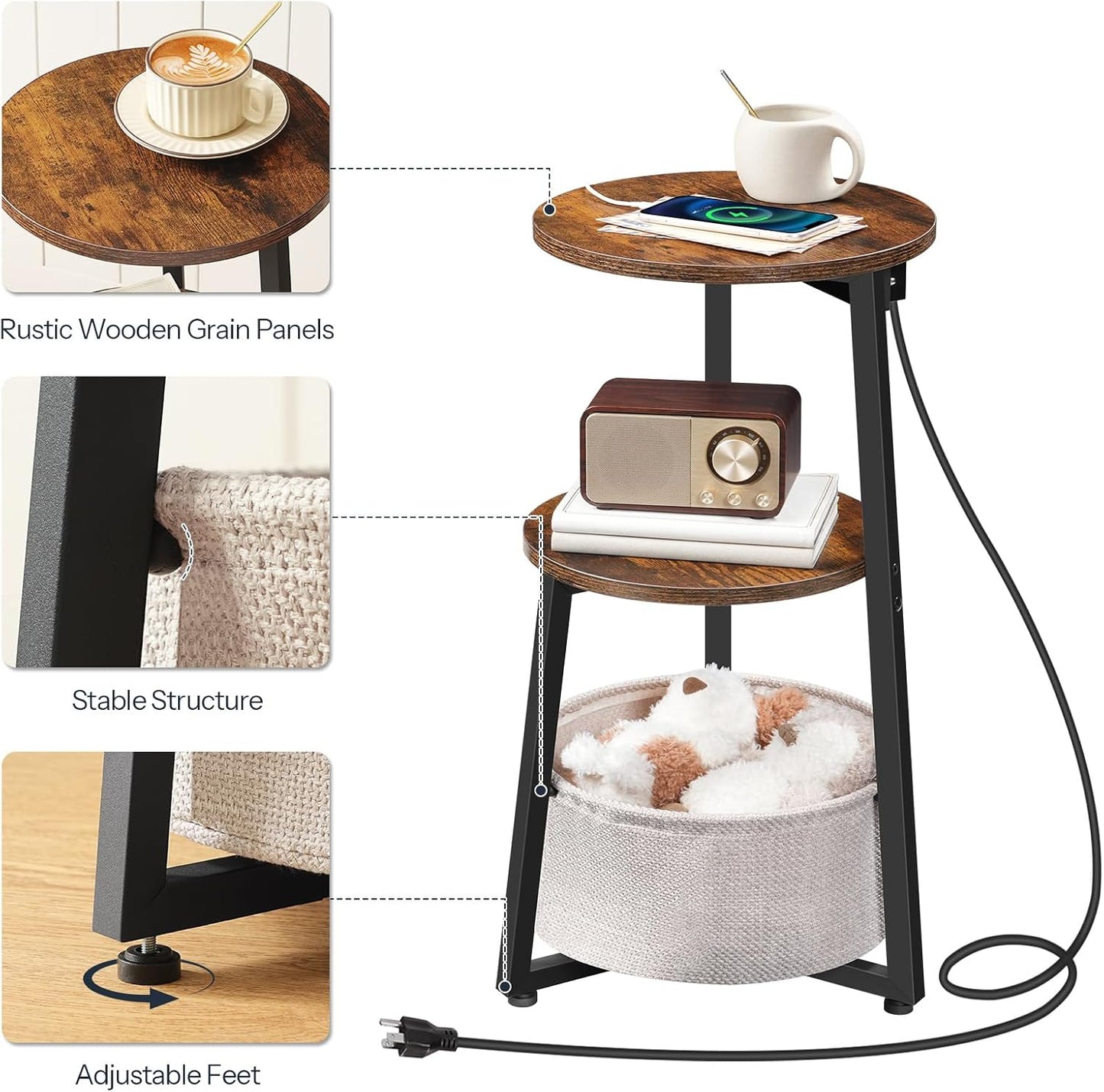HOOBRO Small Round Side Table with Charging Station, Round End Table with Cotton Linen Storage Basket, Compact Sofa Side Table Nightstand for Small Space, Corner, Living Room, Rustic Brown BF169UBZ01