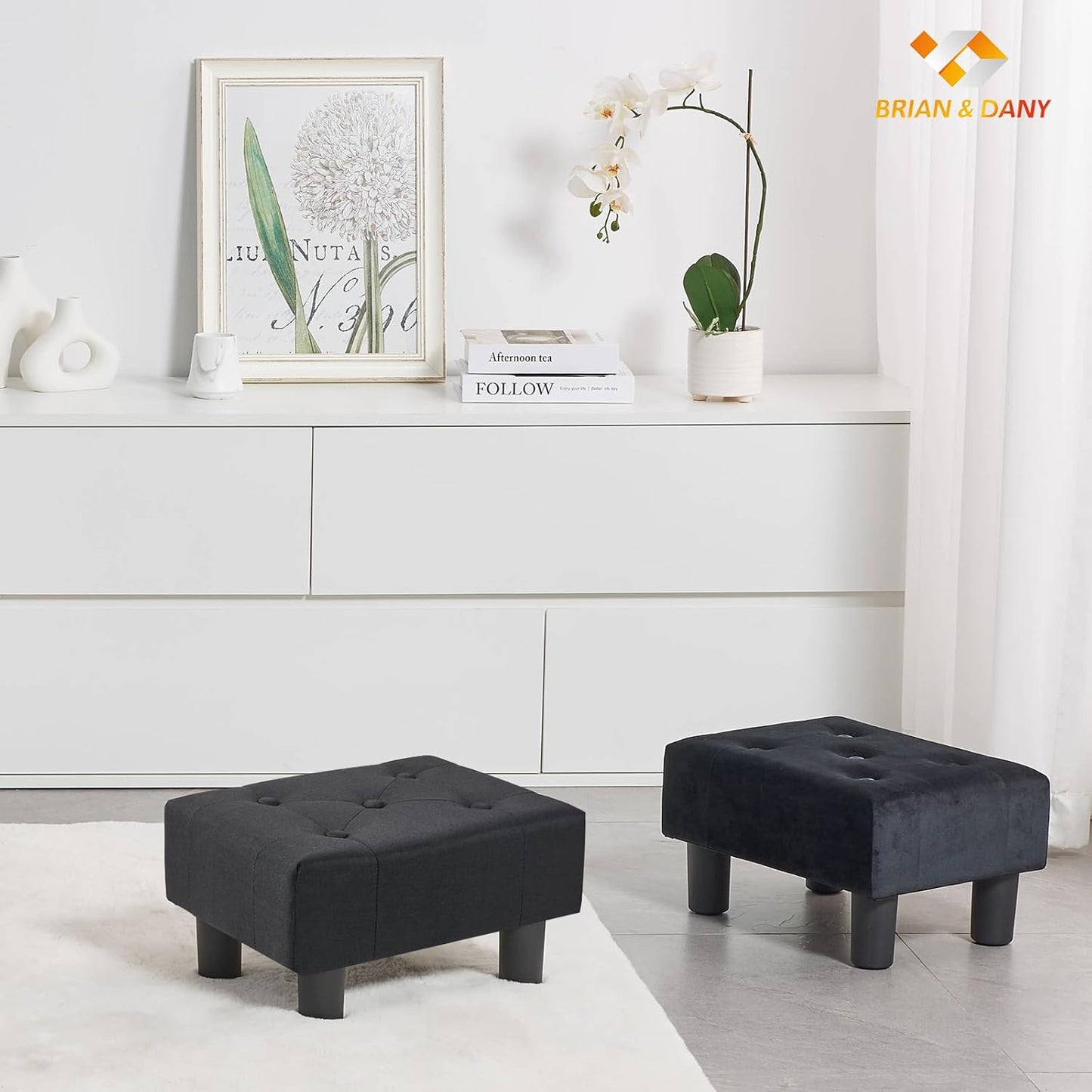 BRIAN & DANY Small Foot Stool, Linen Foot Stools with Legs, Stable Small Footstool for Living Room, Black