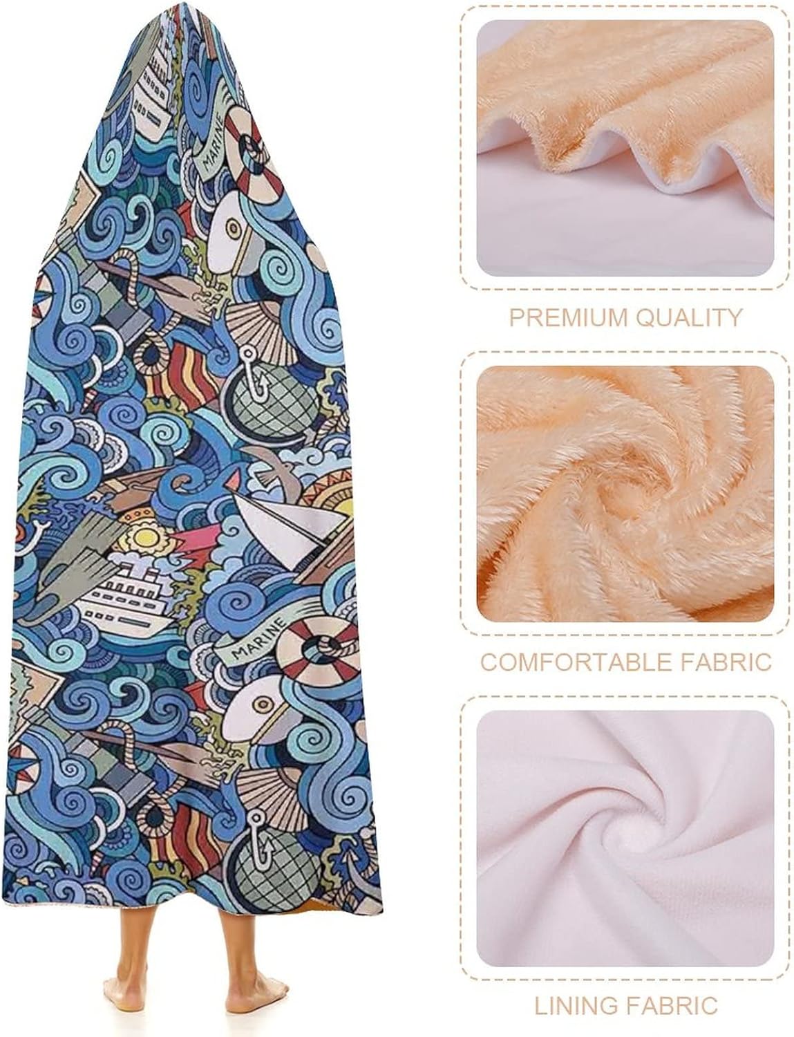 Throw Blankets, Nautical Decor Women Men Hooded Blanket, Abstract Pattern Sea Shells Sea Horse, Soft Warm Cozy, 50 x 60inches, Studying Reading Snuggling Napping Office, Multicolor
