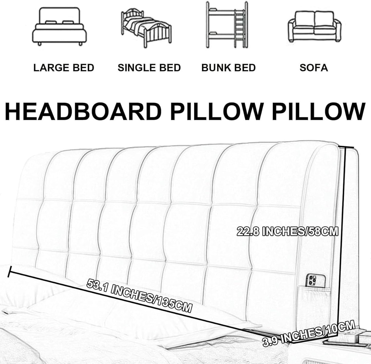 AMNOOL Fleece Headboard Cushion Wall Pillow Large Backrest Headboard Bed Rest Cushion Neck Lumbar Support Pad Removable Cover Home Dorm Daybed Upholstered