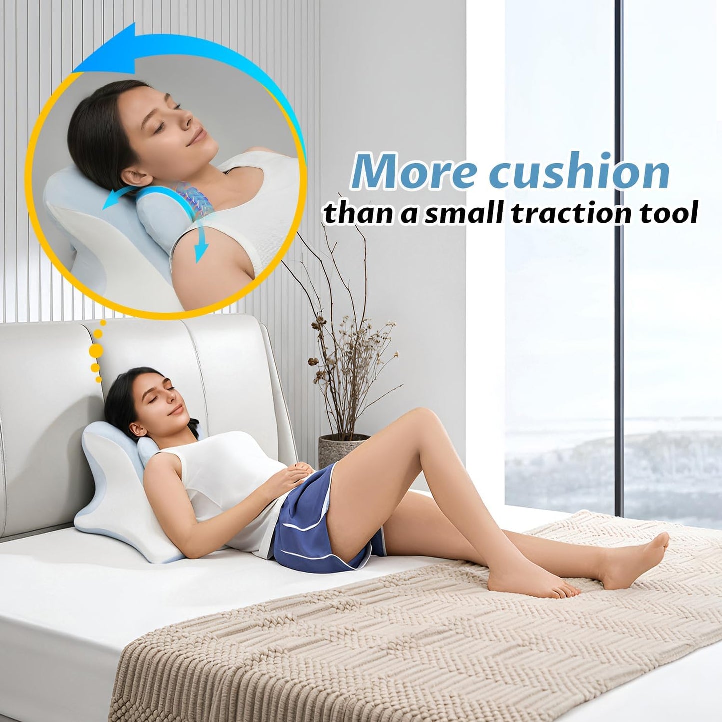 Upgraded Reading Pillow for Bed, Lying, Stretching for Spine Alignment w Extra Neck Pillow- Cushiony Ergonomic Bed Wedge Cervical Traction Device for Neck&Shoulder Relax-Blue