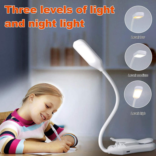 Clip On Book Reading Light for Bed, Clamp On Book Light with 5 LED Eye Care, 3 Color Changeable, Battery Operated USB Rechargeable Bendable Night Book Light Reading Lamps for Bed Study White