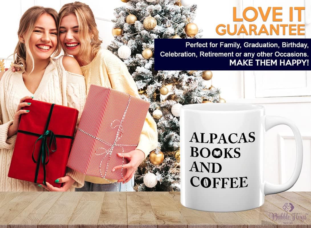 Book Lovers Coffee Mug 11oz White - Alpacas Books And Coffee - Animal Lovers Caffeine Addict Bookworm Readers Novel Camelid Mammal Llamas