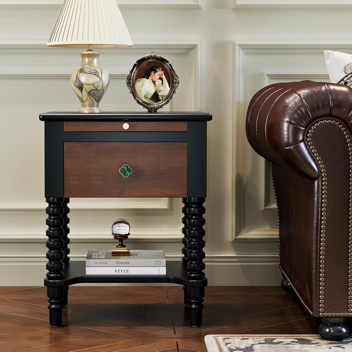 Wooden Mid Century Modern Nightstand Bedside Table with Drawers, Vintage Solid Wood End Side Table for Bedroom Living Room, Black-Walnut
