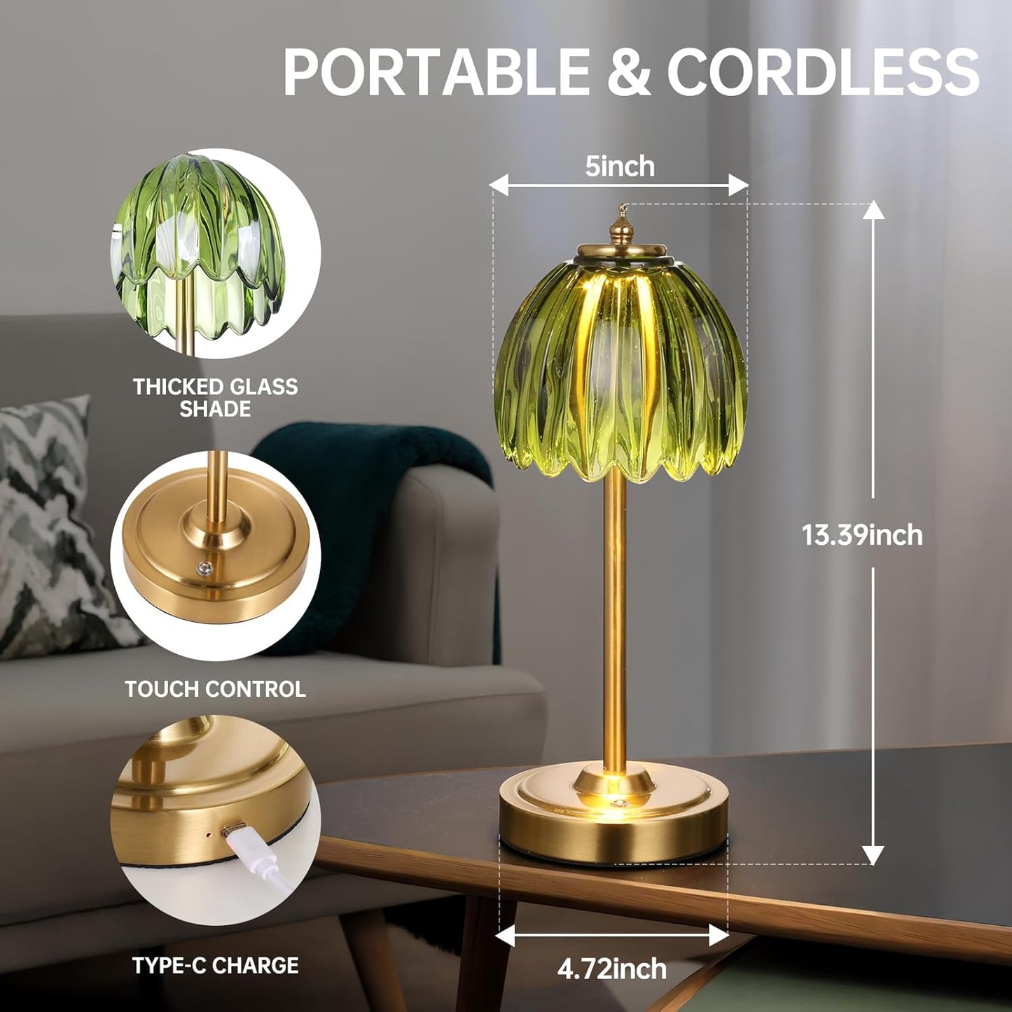 Tulip Table Lamp with 5000mAh Battery & Touch Control, Cordless Table Lamp with 3 Colors, Dimmable Rechargeable Table Lamps for Bedroom, Nightstand, Living Room, Entryways (Green Tulip)