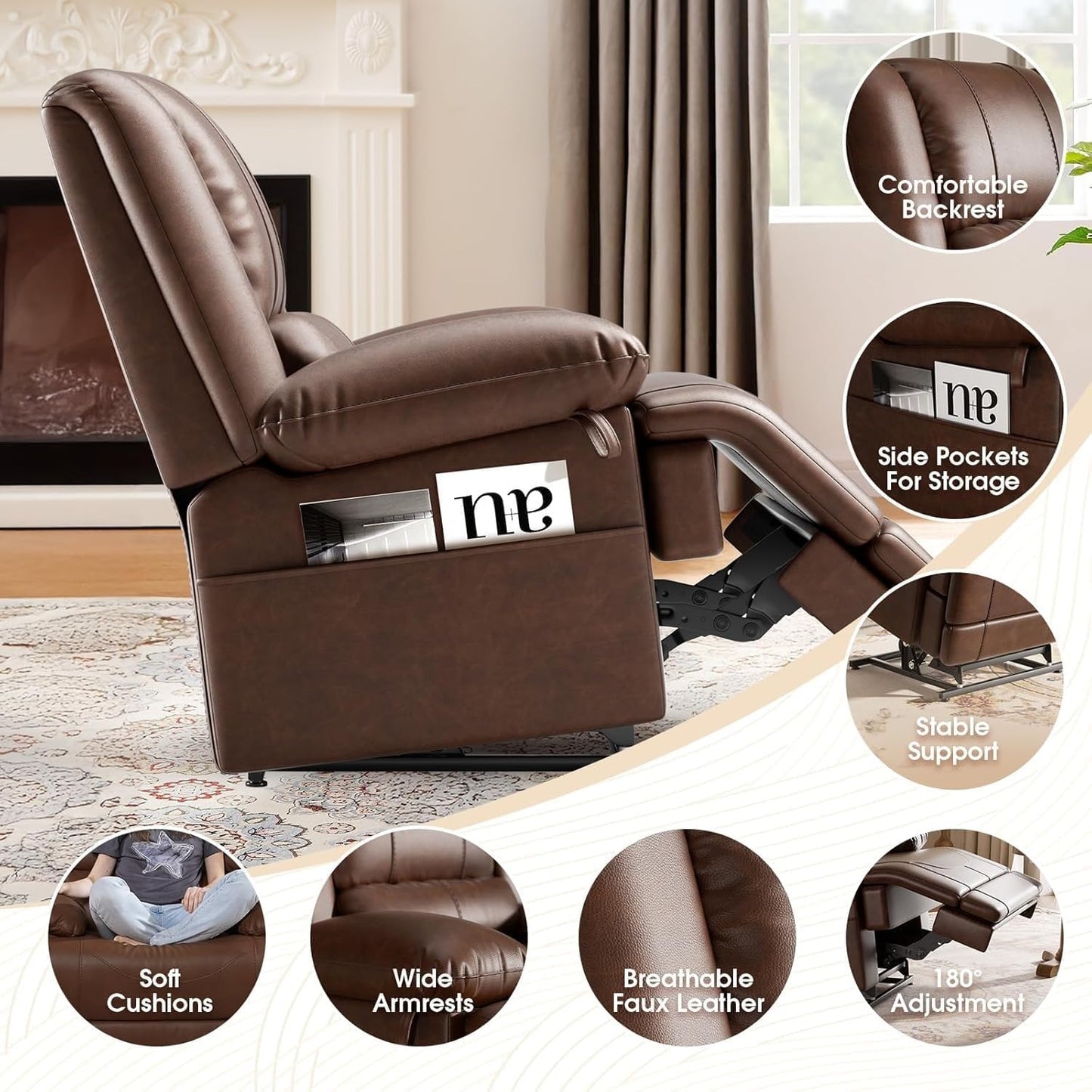 Dual Motor Power Lift Recliner Chair for Elderly, Infinite Position Sofa with Heat and Massage, Breathable Leather High Back Armchair with USB Port & Remote Control, Brown