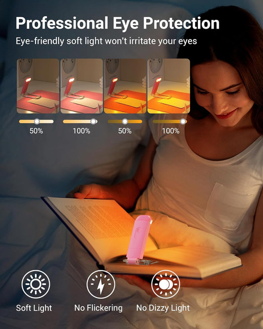 DEWENWILS Book Reading Light, USB Rechargeable Booklight for Reading in Bed, LED Clip On Book Lights for Kids, Bookworms, Blue Light Blocking, 4 Brightness Adjustable for Eye Care (Pink)