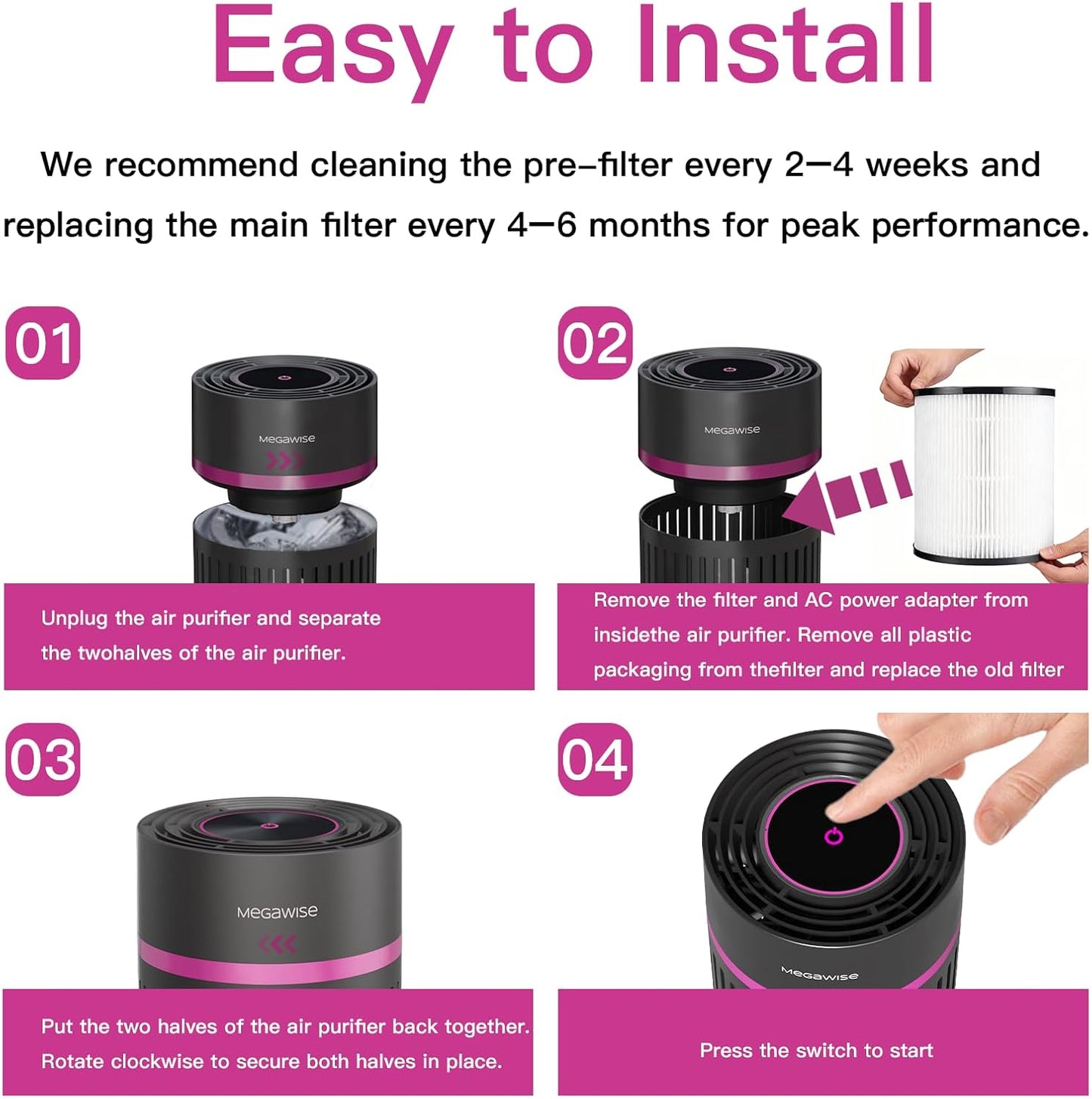 MEGAWISE Air Purifier for Home Bedroom Small Room Office, 3-IN-1 Filtration Air Cleaner for Smoke, Dust, Pet Dander, 100% Ozone Free, Available for California