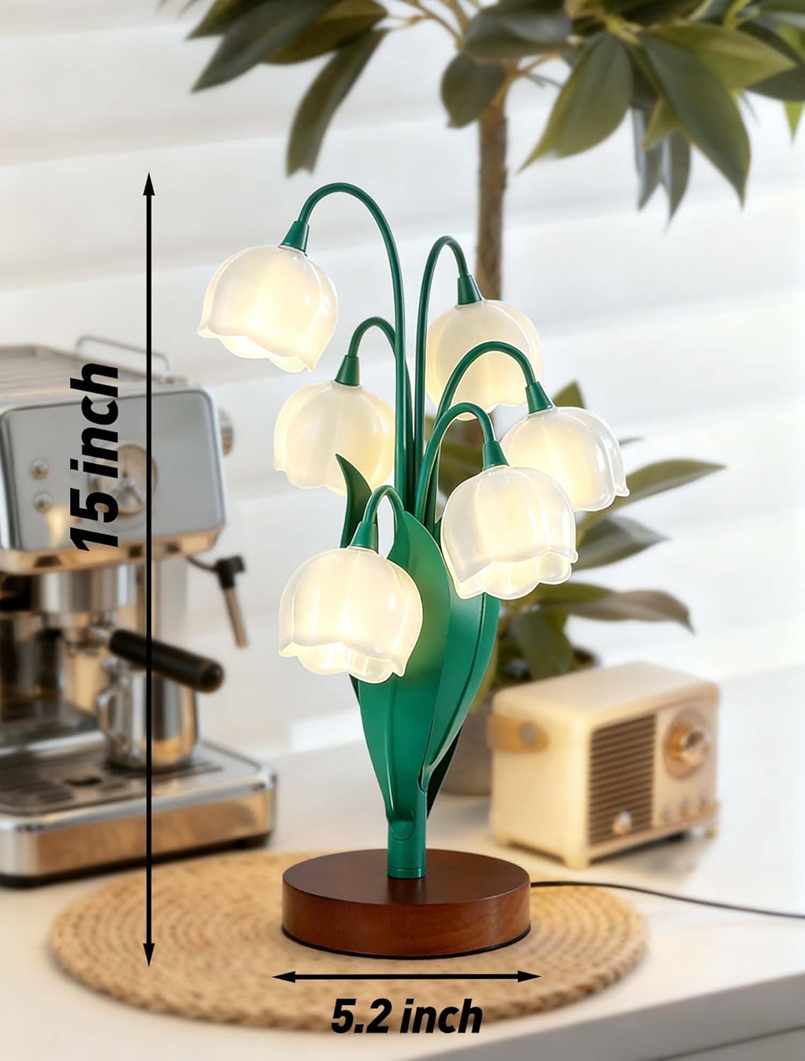 Vintage Lily of The Valley Table Lamp, 5 Flowers Artistic Sculpture & Soft Eye-Caring Light, Nordic Cottagecore Bedside Lamp for Reading, Wood Base, Sweet Gift for Home Office Bedroom Decor