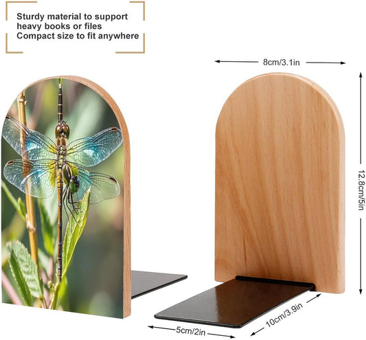Colorful Dragonfly Bookends 1 Pair Heavy Duty Book Ends for Shelves Non-Skid Bookend Supports Wooden Book Holders with Metal Base Desk Organizers Books Storage to Hold Books