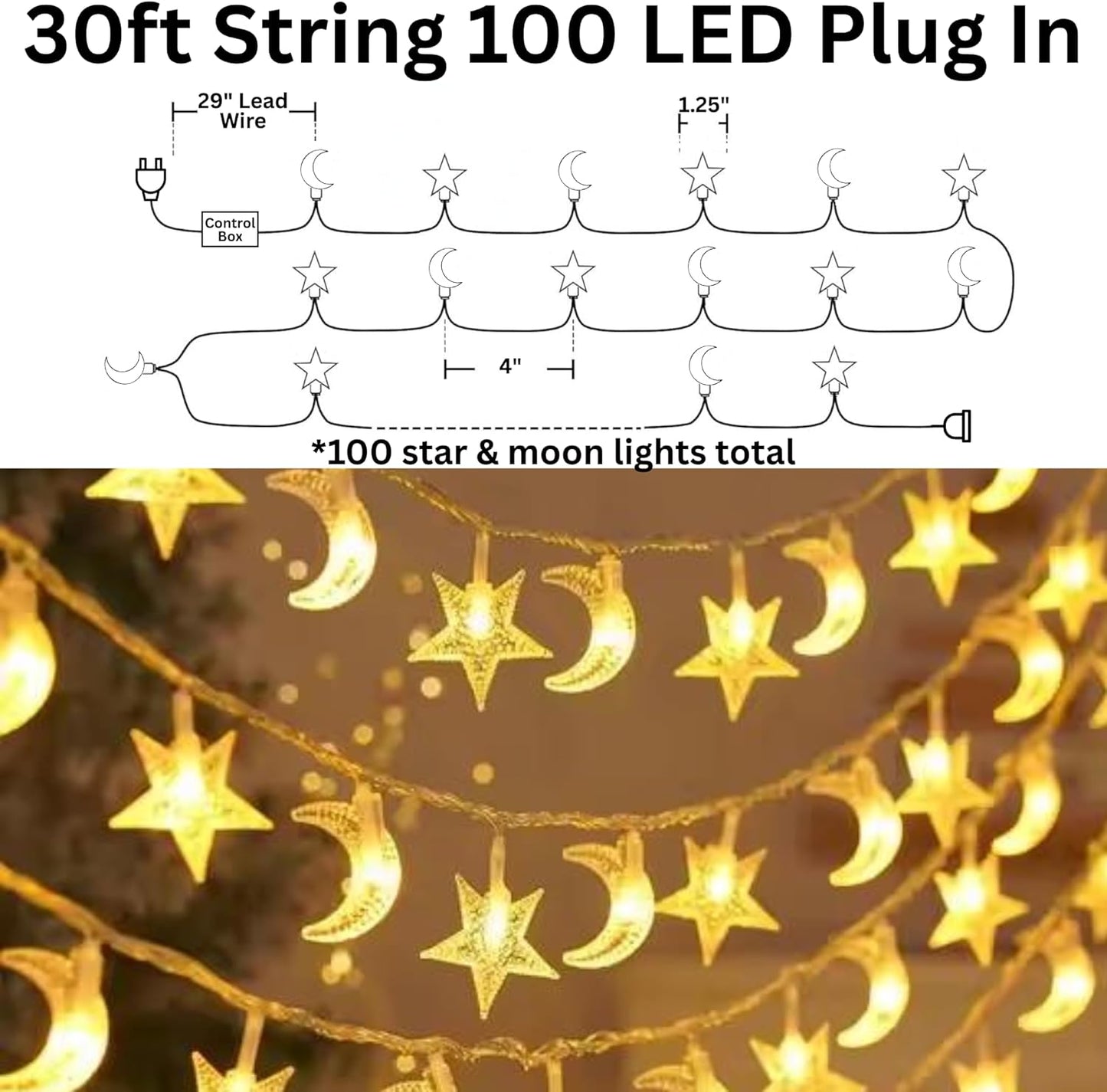 Whimsigoth Star and Moon Decor String Lights, Indoor Bedroom Classroom Dorm Patio Party Wedding Decor, Warm White Plug or Battery (30ft Plug-in)