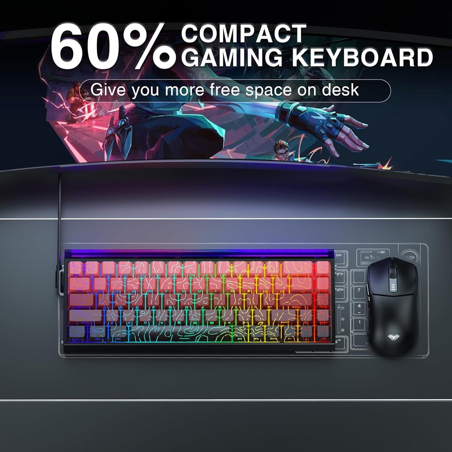 AULA Hero 68 HE 60% Gaming Keyboard Wired, Hall Effect Magnetic Switch Keyboard with 8K Hz Polling Rate, Side Printed PBT Keycaps, RGB Light Box, Customizable Web Software for PC/Mac Gamers