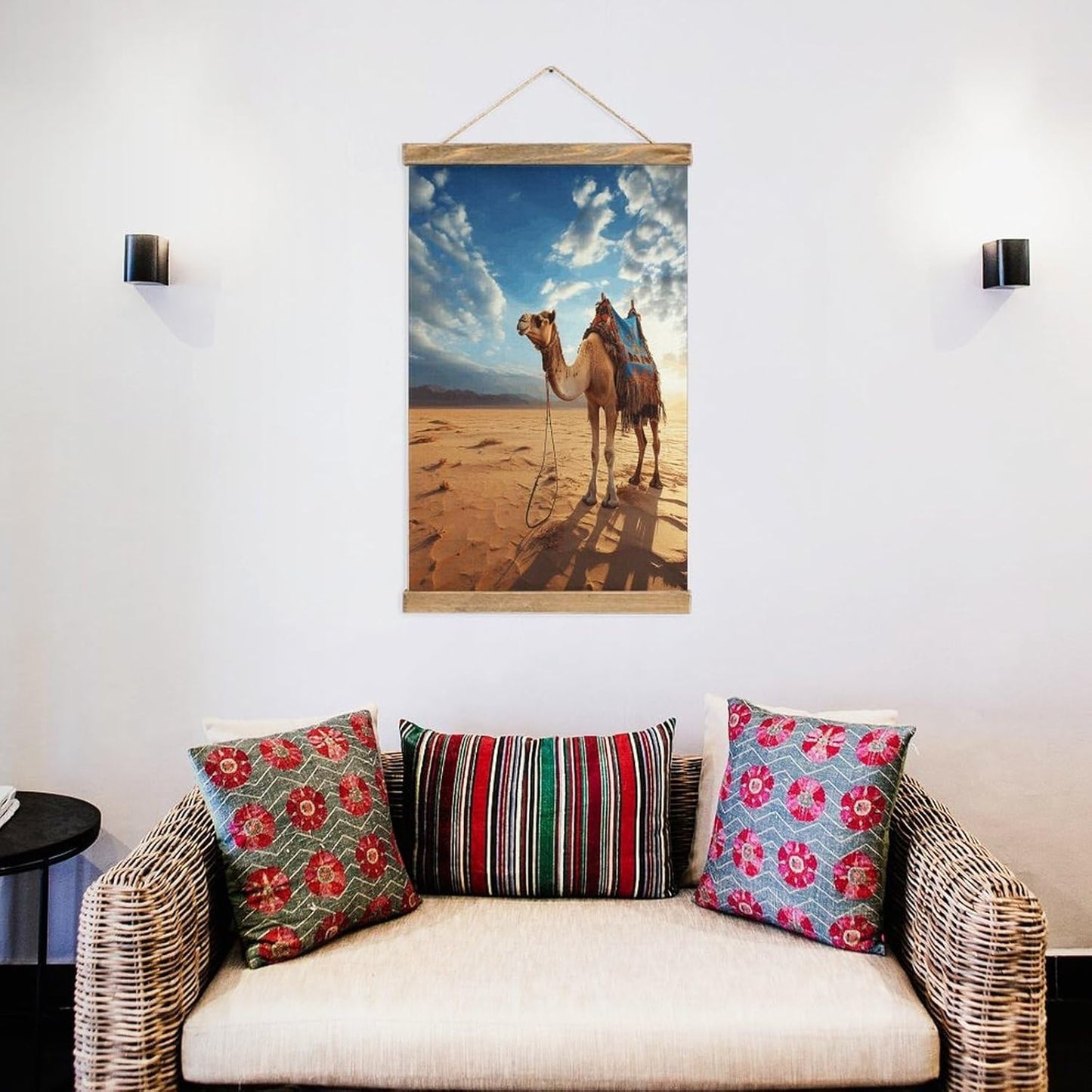 Vintage Camel Blue Sky Poster with Wooden Frame Personalized Linen Hanging Scroll Painting Rustic Wall Hanging Illustrative Modern Artwork Decor for Home Living Room Bedroom Office