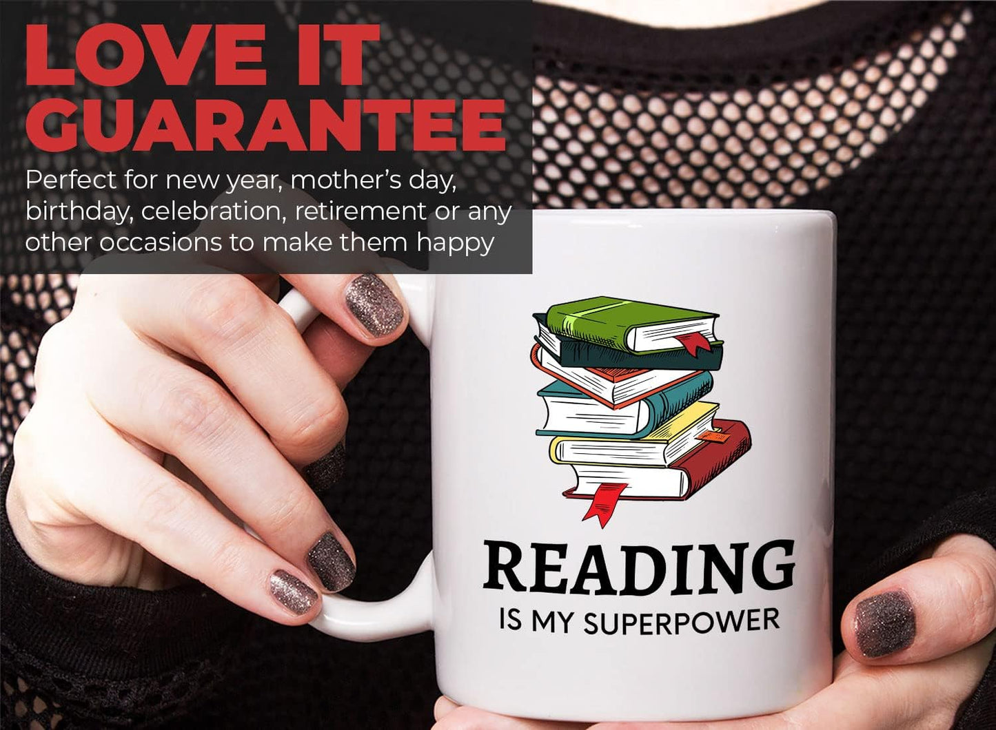 Bubble Hugs Book Lover Coffee Mug 11oz White - Reading Is My Superpower B - Reading Owl Reader Stack of Books Book Lover Bookish Novelist Librarian Writer