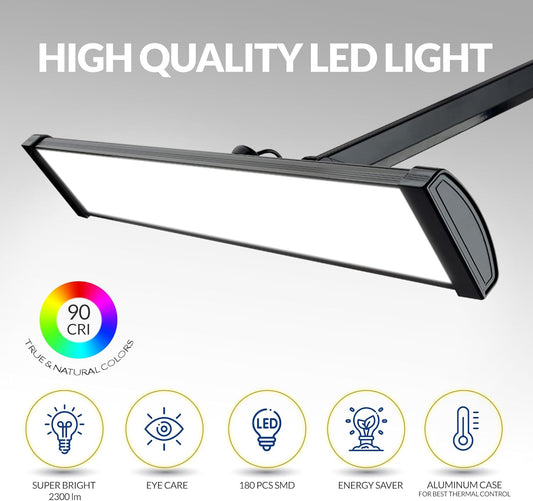 Ultra Bright 2300 Lumens Professional Eye Care LED Desk Lamp - Adjustable Brightness, Dimmable Modern Task Light with Clamp for Home Office, Beauty, Crafting, Workbench (Daylight, Dimming, Black)