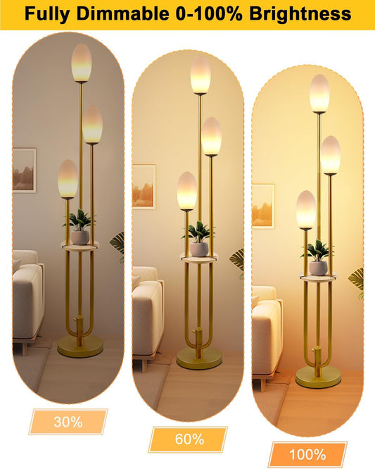 Gold Dimmable Floor Lamp with Table, Unique Candle Holder Style Tall Standing Lamps with 3000K G9 Bulbs for Reading, Mid Century Modern Floor Lamp for Living Room Bedroom Office