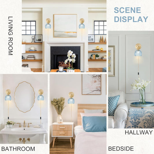Plug in Wall Sconce, Vintage Sconce Light with Tulip Denim Blue Glass Lampshade, Bedside Wall Sconce with Switch and Plug in Wall Lamp Cord, Gold Wall Light for Bedroom