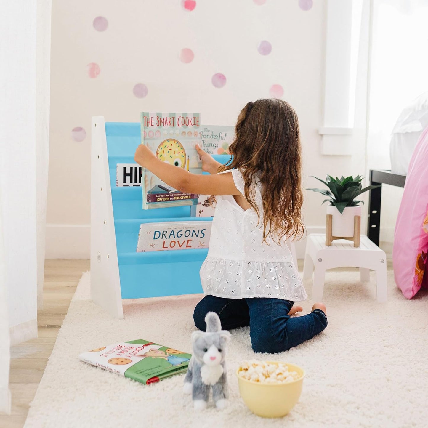 Wildkin Wooden Sling Bookshelf for Kids – Premium Canvas Design with 4 Fabric Shelves, Organizer for Home or Classroom - White w/Aqua