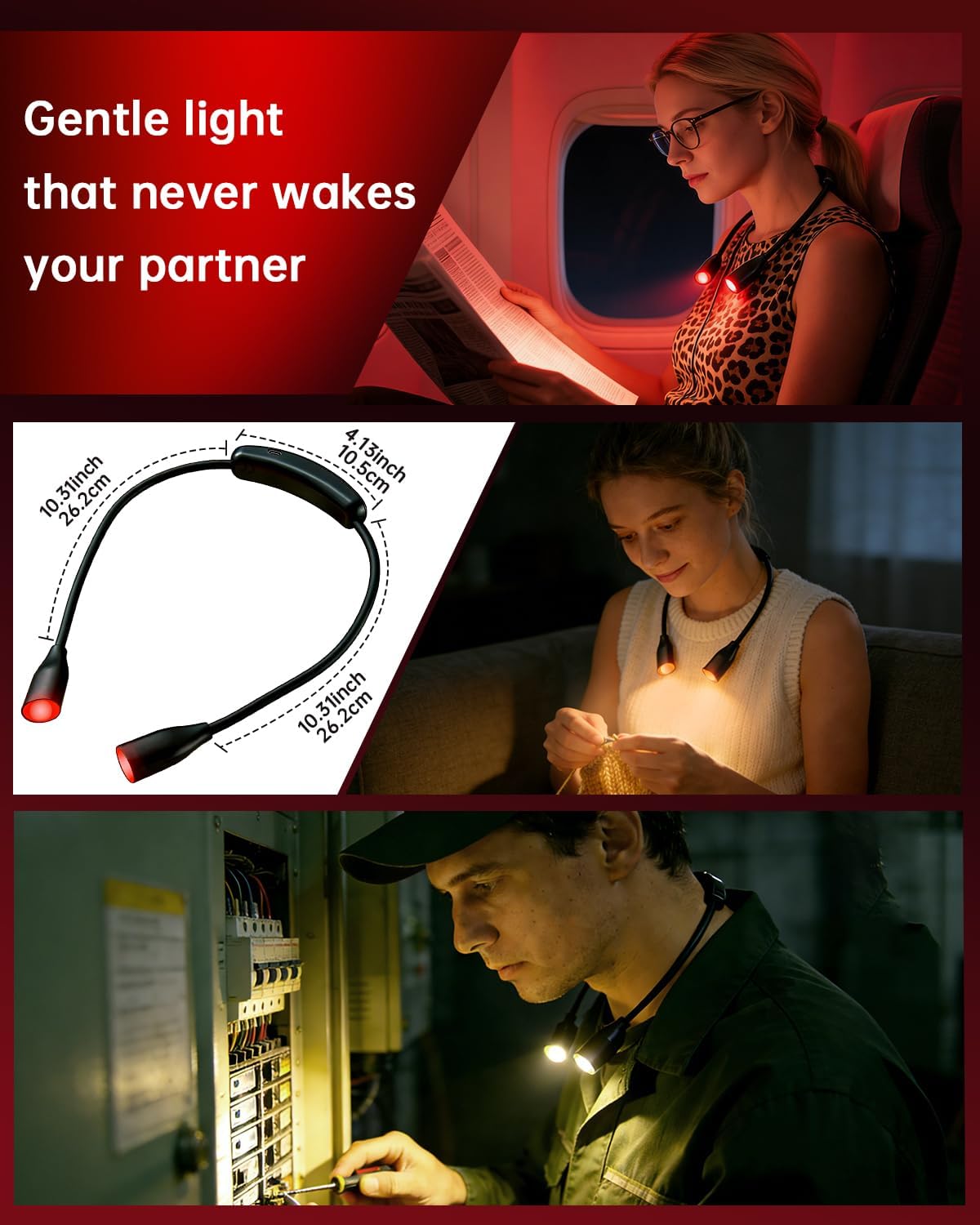 670nm Red Neck Light Book Light for Reading in Bed,3 Color Temperatures Dimmable USB Rechargeable Clip On Red Night Light for Sleep,Eye Comfort,Portable Booklight for Reading, Crafts, Knitting
