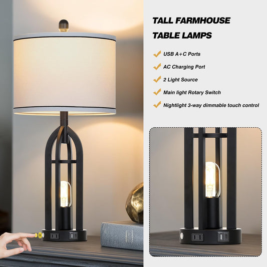 27" Tall Vintage Table Lamp with USB C+A & Outlet,Black Industrial End Table Lamp for Living Room,Farmhouse Rustic Bedside Lamps with Night Light for Bedroom Nightstand,Black(2 LED Bulbs Included)