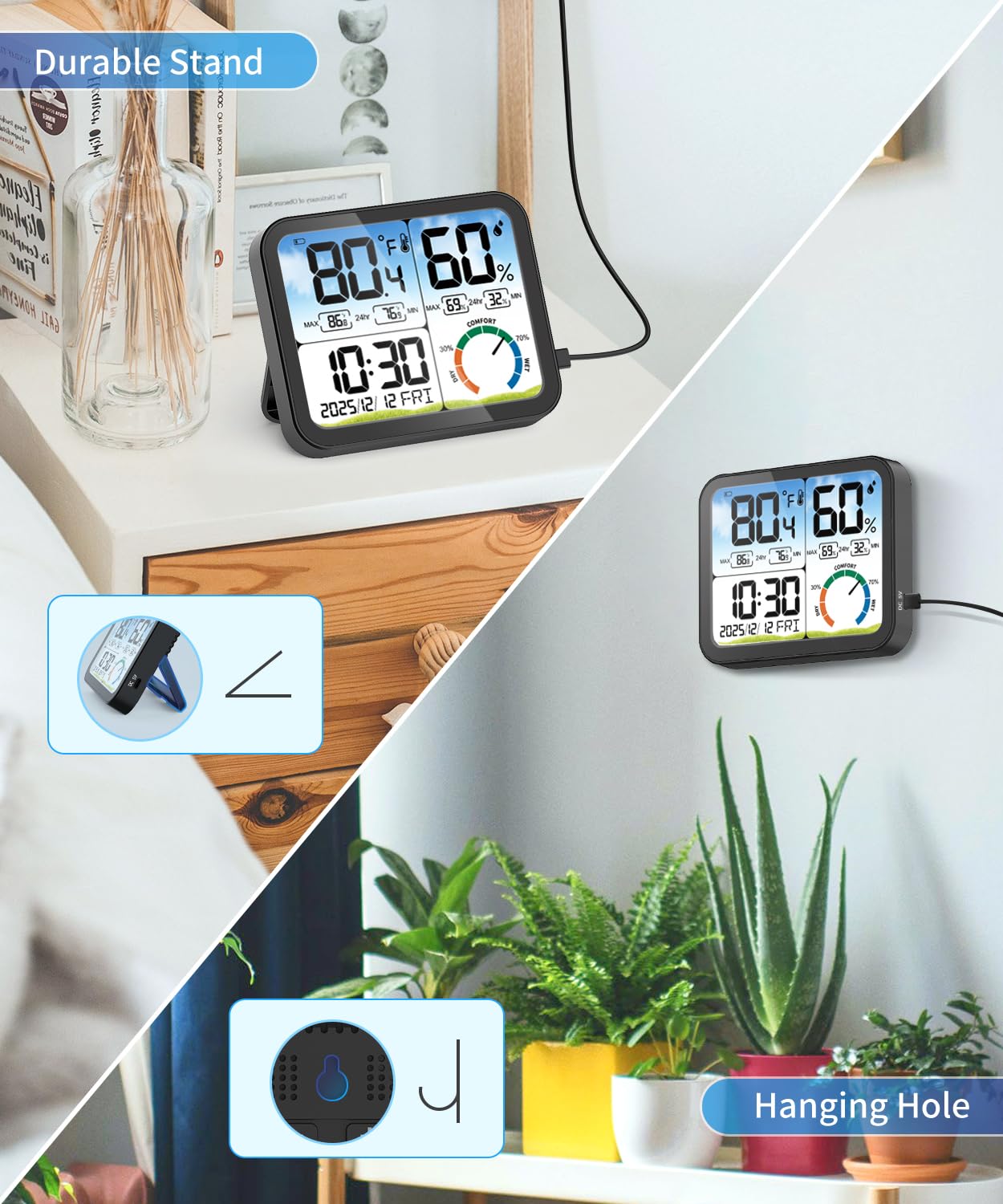 VOCOO Digital Indoor Room Thermometer - 5.8'' Extra Large Display Temperature Humidity Sensor with Accurate Temp Humidity Gauge Monitor, Calibration, Max & Min Records, Comfort, Backlit, Date & Clock