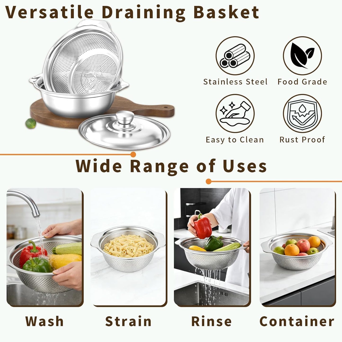 Stainless Steel Colander with Basin, 3 in 1 Multifunctional Drain Basket, 10.2 Inch Food Strainers, Fruit Washing Bowl Set, Strainer for Kitchen