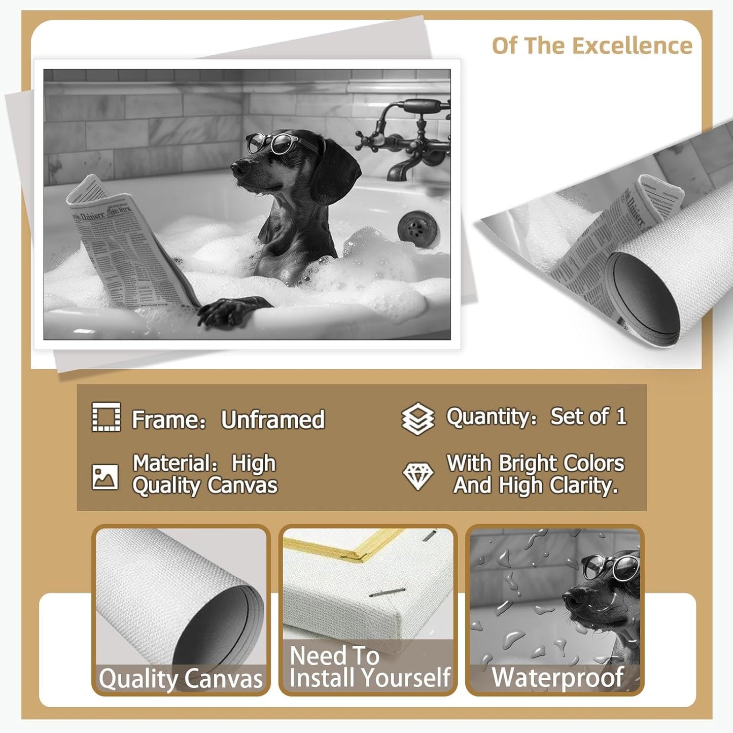 Funny Dachshund In Bathtub Wall Art Dog Reading Newspaper In Bubble Bath Poster Trendy Black And White Hilarious Animals Canvas Posters For Bedroom Dorm Hotel Aesthetic Decor 12x16in Unframed