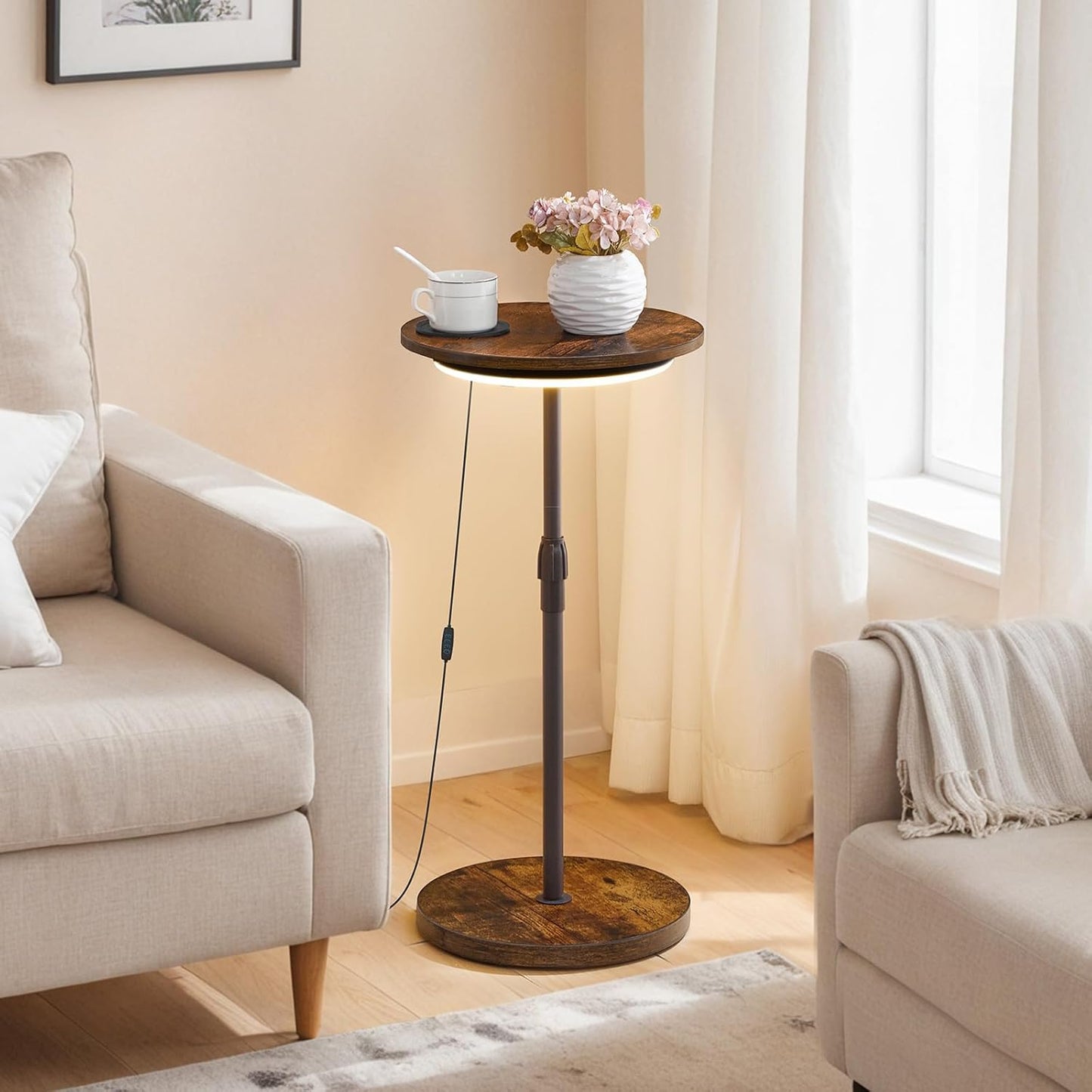 Set of 2 Small Round Side Table, Adjustable Height Drink Table, Pedestal Side Table with LED Light and Cup Mat, Coffee Martini Table, for Small Spaces, Rustic Brown and Black ETHR32E01S2