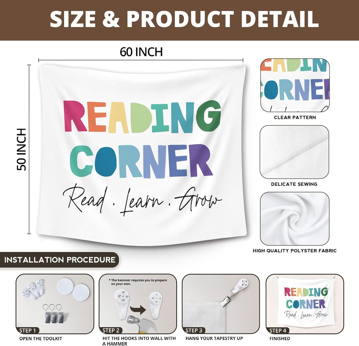 XLDLIOO Reading Corner Read Classroom Wall Tapestry, Read Learn Grow Wall Tapestry Hanging for Bedroom, Colorful Tapestries Wall Decor Art for Reader Library Reading Nook Kids Room 60x50in
