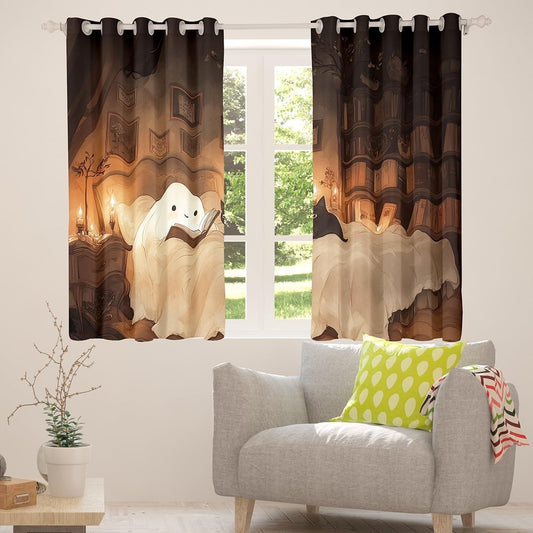 jejeloiu Halloween Funny Ghost Curtains for Bedroom Living Room Kawaii Cute Cat 30%-50% Blackout Shades Reading Book Room Darkening Curtain Window Treatments, 2 Panels 52 x 84 Inch Decor