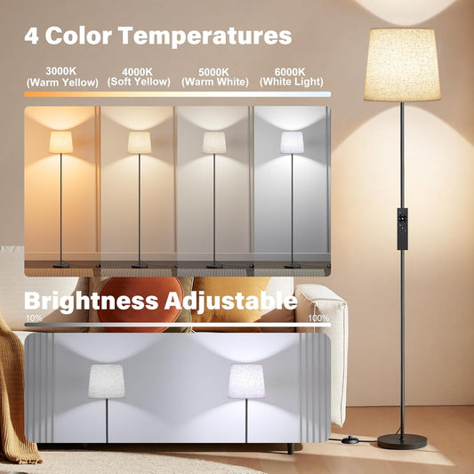 Floor Lamp with Linen Shade - 62" Dimmable LED Standing Lamp with Remote Control, 9W E26 Bulb Included, 3000-6000K, Modern Floor Reading Light for Bedroom Living Room Office Corner, Black