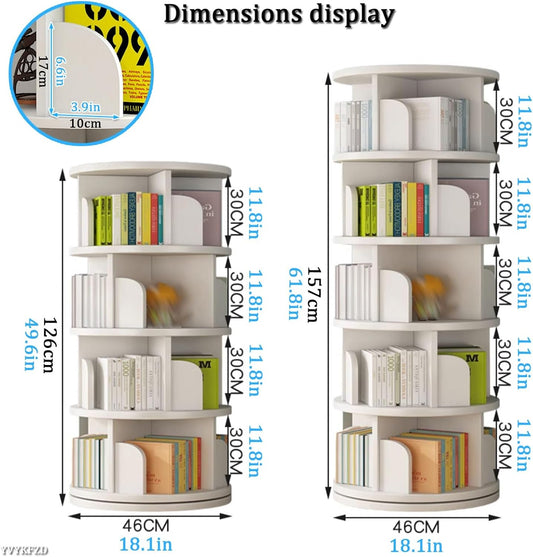 YVYKFZD 360° Rotating Bookshelf, 4/5 Tier Bookcase, Circular Display Storage Rack, Floor Standing Book Shelf with Baffle, for Home Living Room Study Office(Wood,4 Tier 49.6x18.1x18.1in)