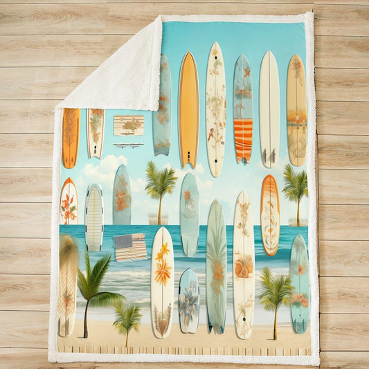 Feelyou Surfboard Sherpa Blanket Boys Girls Ocean Beach Fleece Throw Blanket for Teens Adult Tropical Beach Plush Blanket Summer Fuzzy Blanket for Sofa Bed Couch,Throw 50x60 Inches