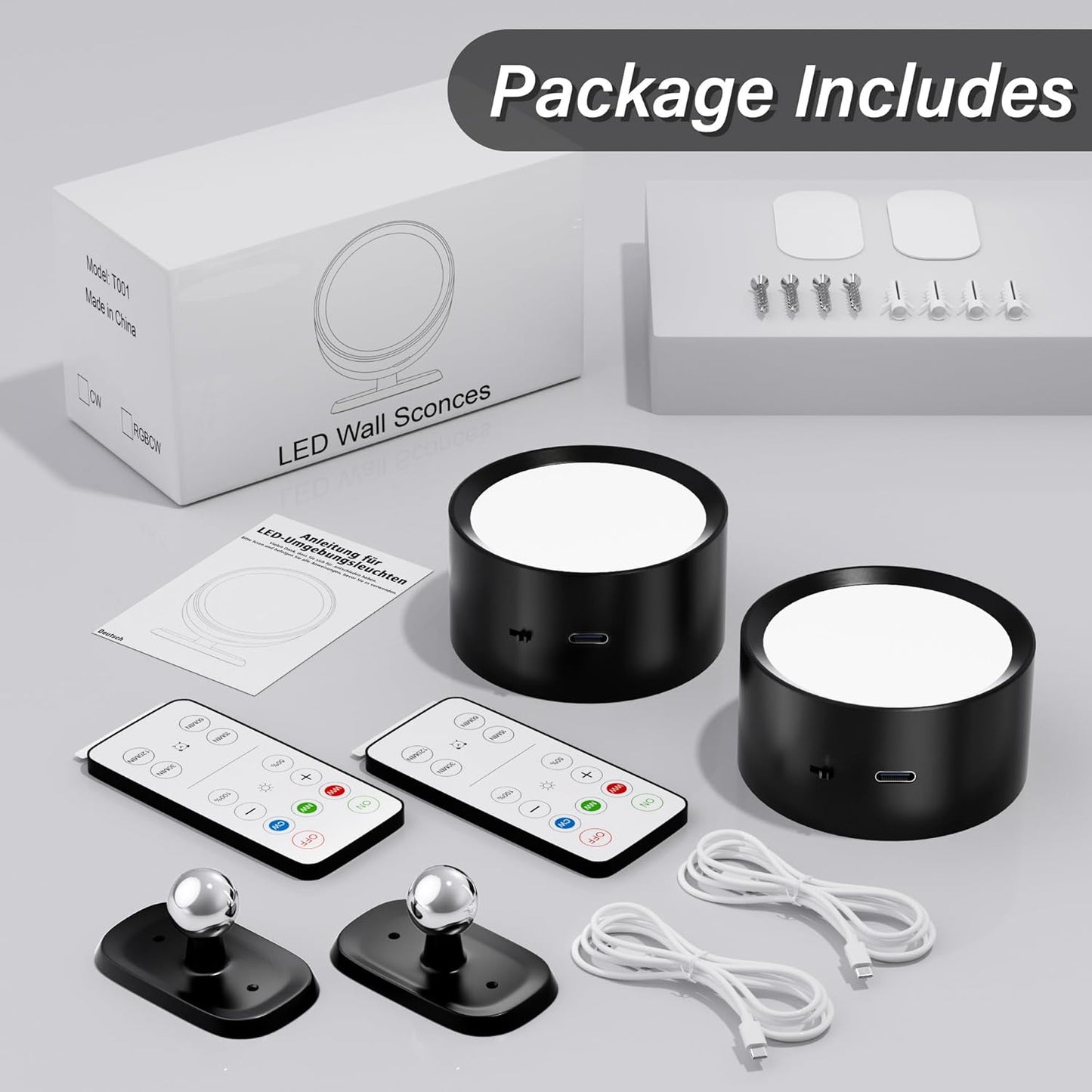 LED Wall Mounted Lights,Rechargeable Battery Operated Wall Sconce with Remote,3 Color Temperatures & Dimmable Magnetic 360° Rotation Cordless Wall Light for Bedside Reading,Bedroom,Closet,2 Pack