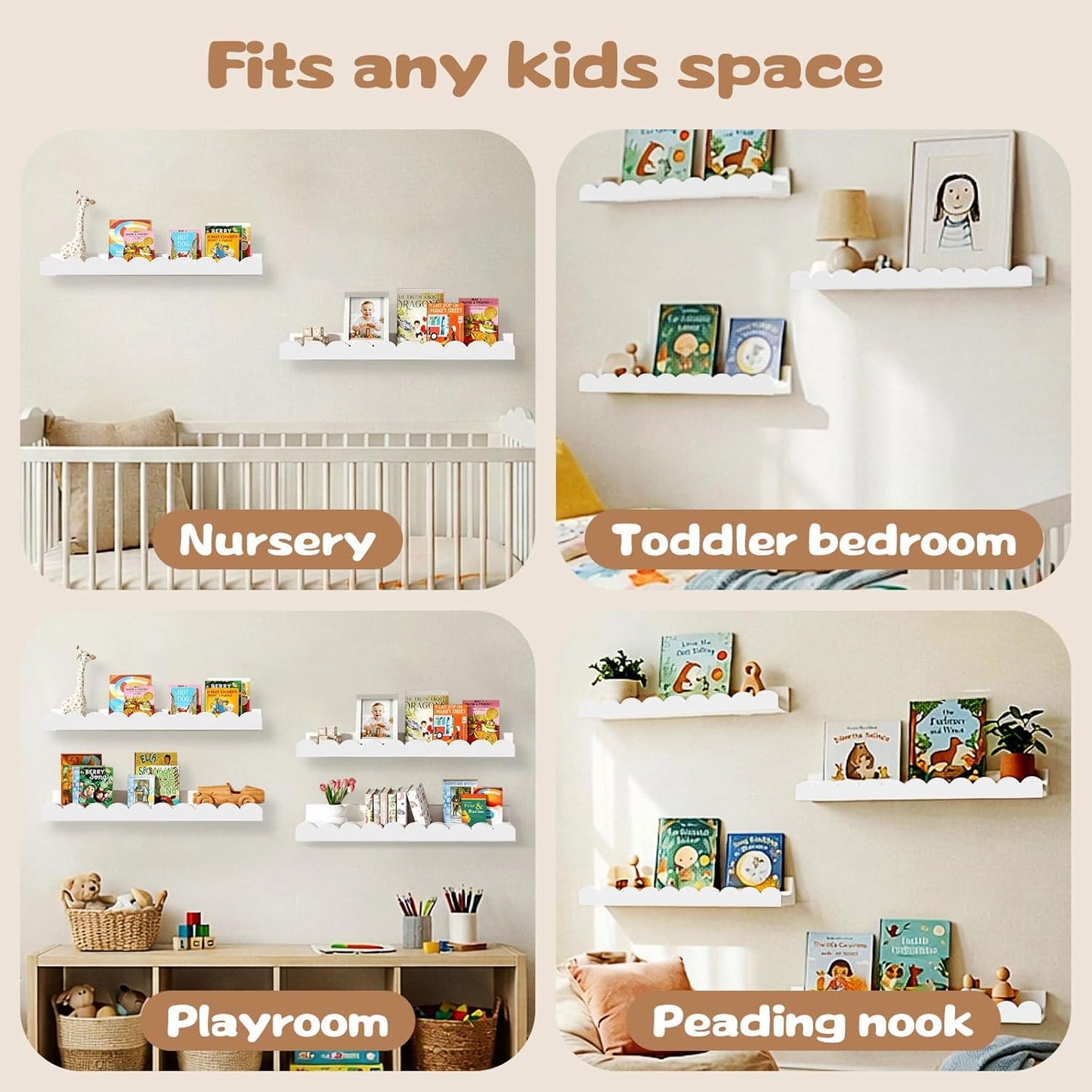Nursery Floating Shelves for Kids Room, 4 Pack 15.7 Inch White Wall Shelves with Scalloped Edge, Kids Bookshelves for Toddler Bedroom, Playroom, Baby Nursery Decor