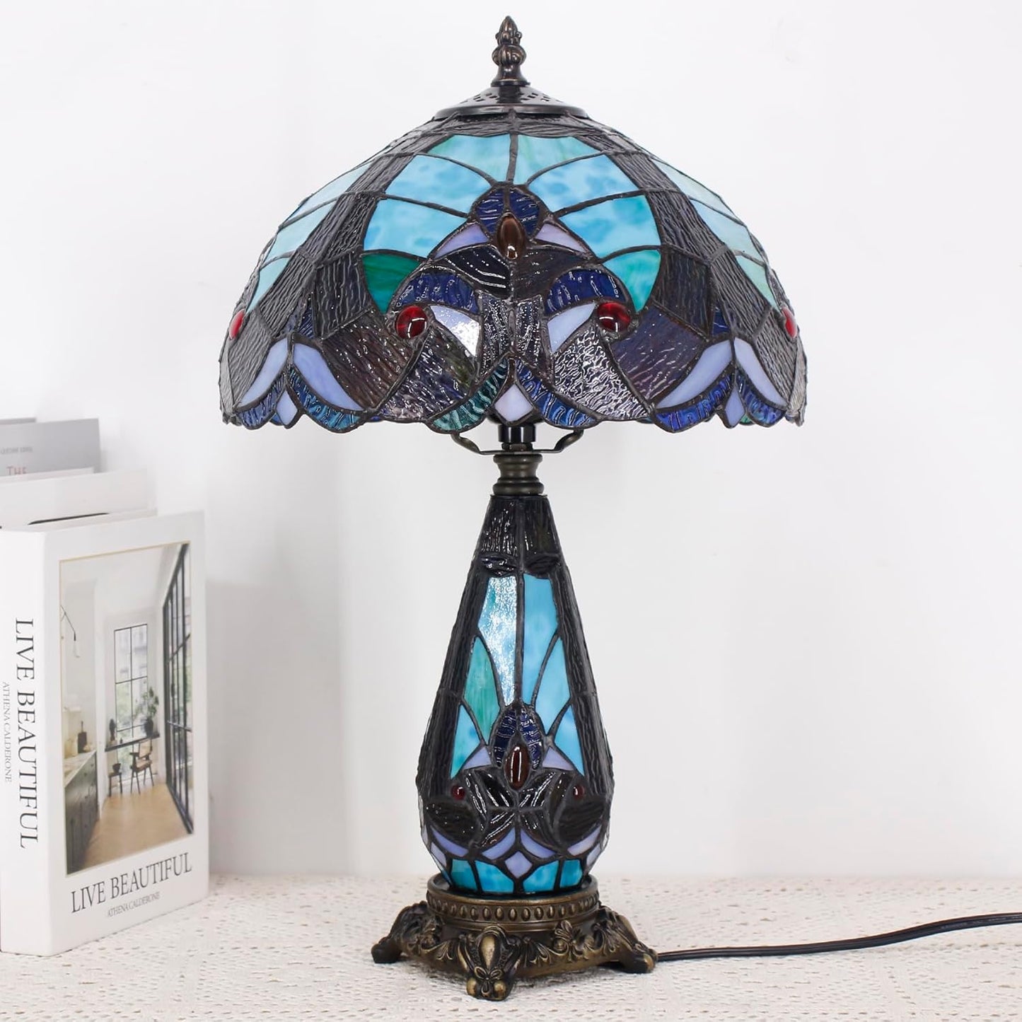 Tiffany Lamp Stained Glass Table Lamp 12X19 Inches Mother Daughter Vase Desk Accent Night Light for Bedroom Bedside Reading Home Antique Style (Green Liaison)