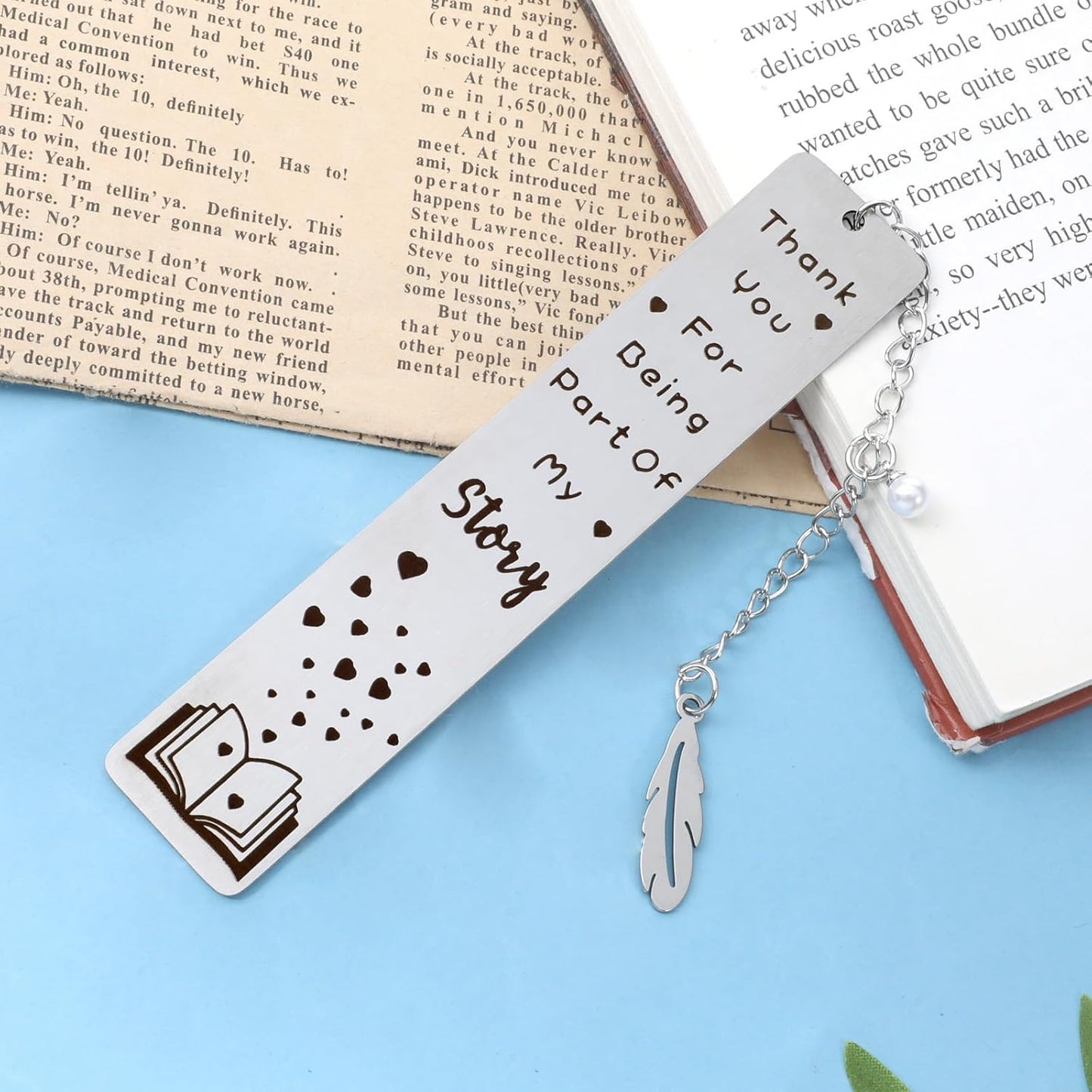 Metal Bookmark Gift, Engraved Thank You for Being Part of My Story Thank You Appreciation Silver Stainless Steel Book Mark with Leaf Pendant Book Mark Christmas Gifts for Women Men Books Lover Friends