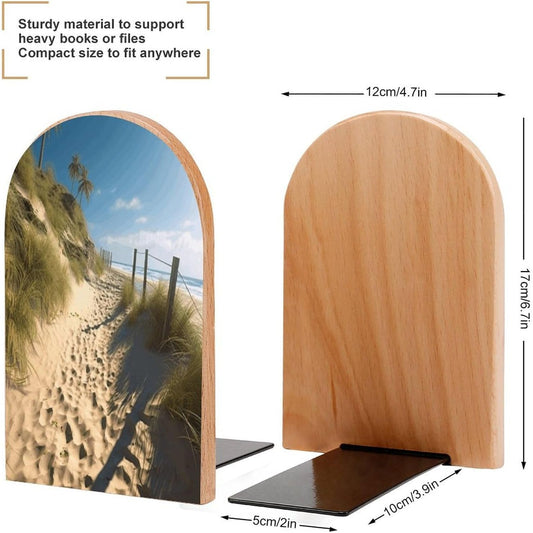 Beach Themed Bookend for Shelves Wooden Book End Large Size Sturdy Book Holders Stoppers with Metal Base for Bookshelves Slick Decorative Bookends Stands