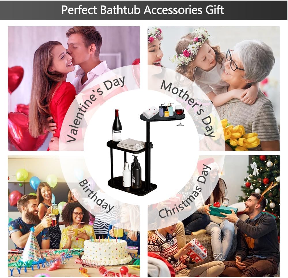 3 Layer Bathtub Tray Table,Bamboo Swivel Bathtub Side Table Height Adjustable,Freestanding Bathtub Tray for Tub Against Wall,Bathtub Accessories&Bathroom Organizer for Luxury Home Spa (Black)