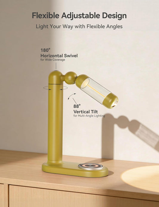 Tubicen Table Lamp Flexible Focus Spotlight Desk Light with Wireless Charger Station 3000mAh Battery Rechargeable Cordless Nightstand Reading Lamp Rotatable Dimmable Modern LED Desk Lamp Yellow