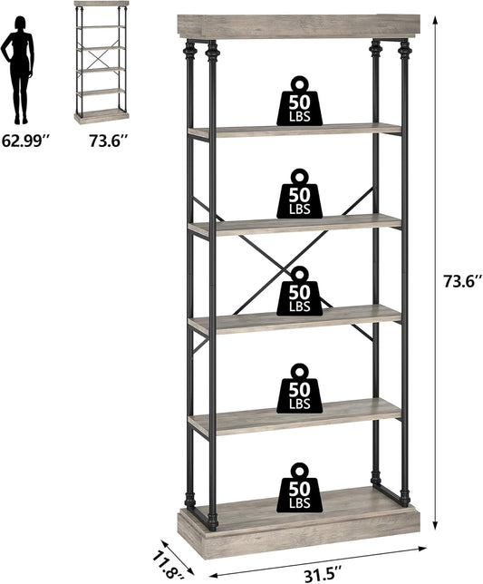 IDEALHOUSE Industrial Bookshelf Wood Bookcase 6 Tier Storage Open Rack Shelf with Metal Frame Rustic Tall Standing Bookshelves Large Grey Display Rack for Bedroom,Living Room and Home Office